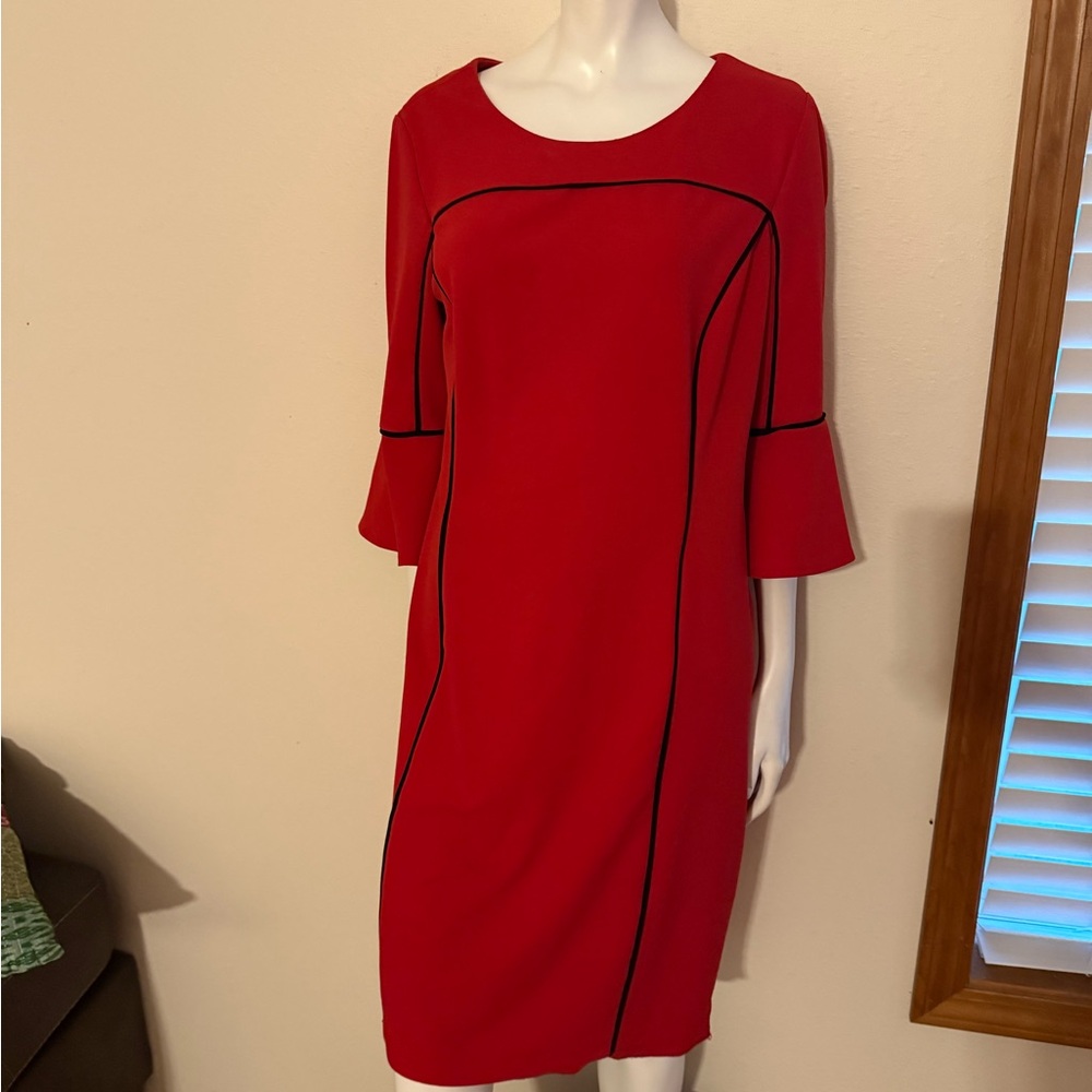 Elegant Red Long Sleeve Dress with Black Accents